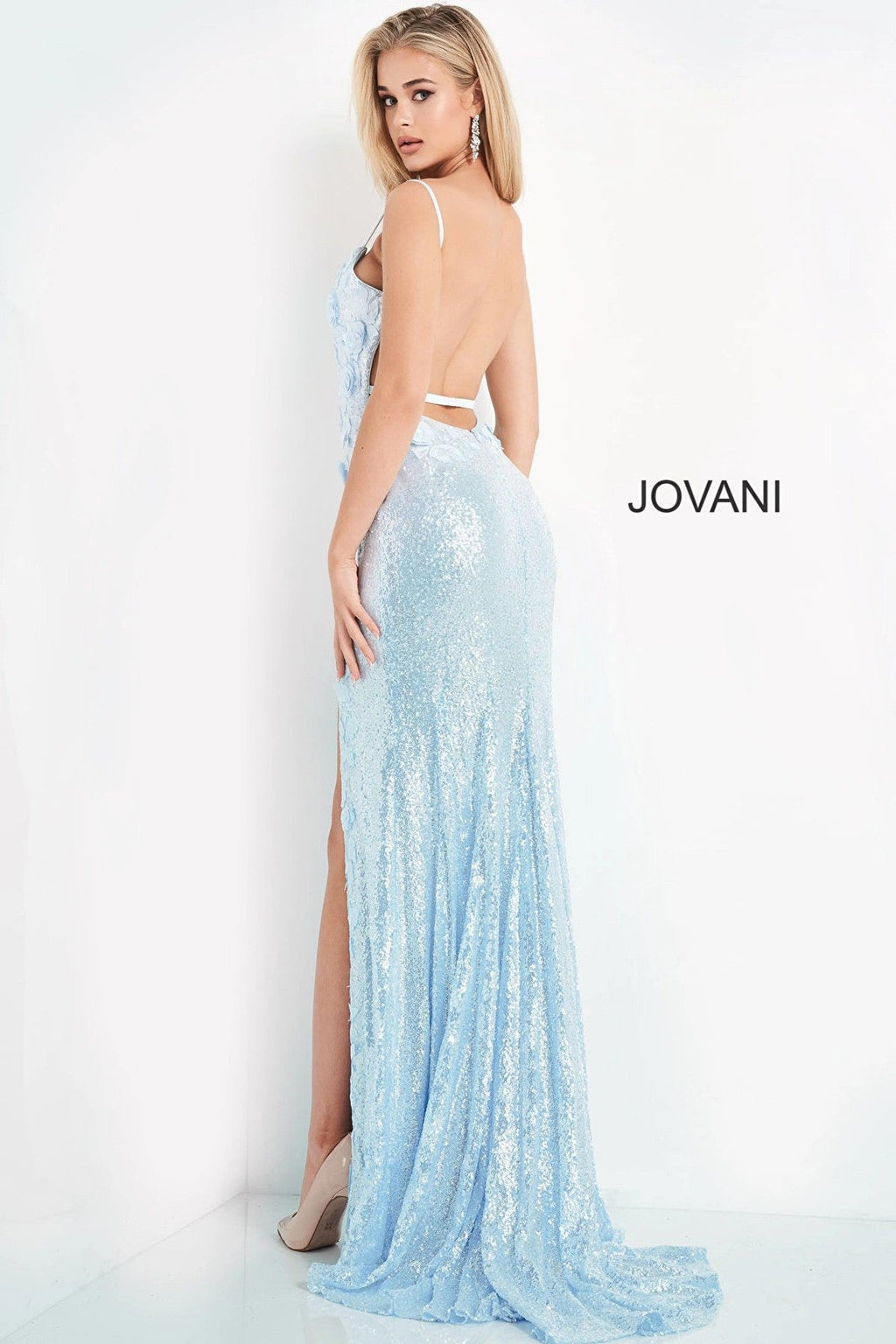 Jovani 1012 Long Spaghetti Strap Floral Applique Prom Dress