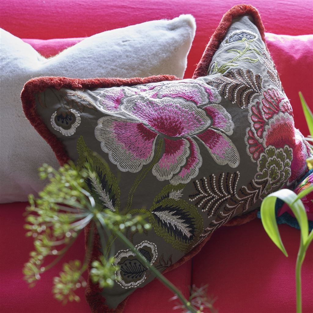 Designers Guild Rose De Damas Embroidered Cranberry Decorative Pillow