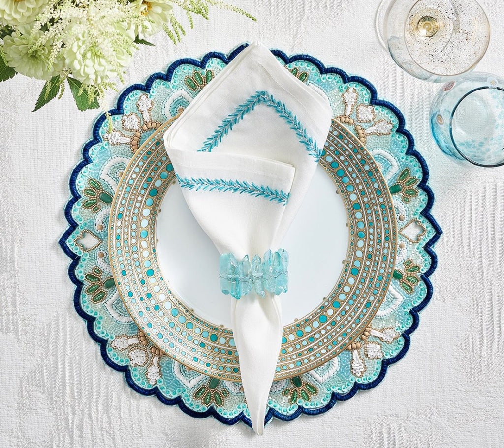 Jardin Napkin in White & Turquoise Set of 4 by Kim Seybert