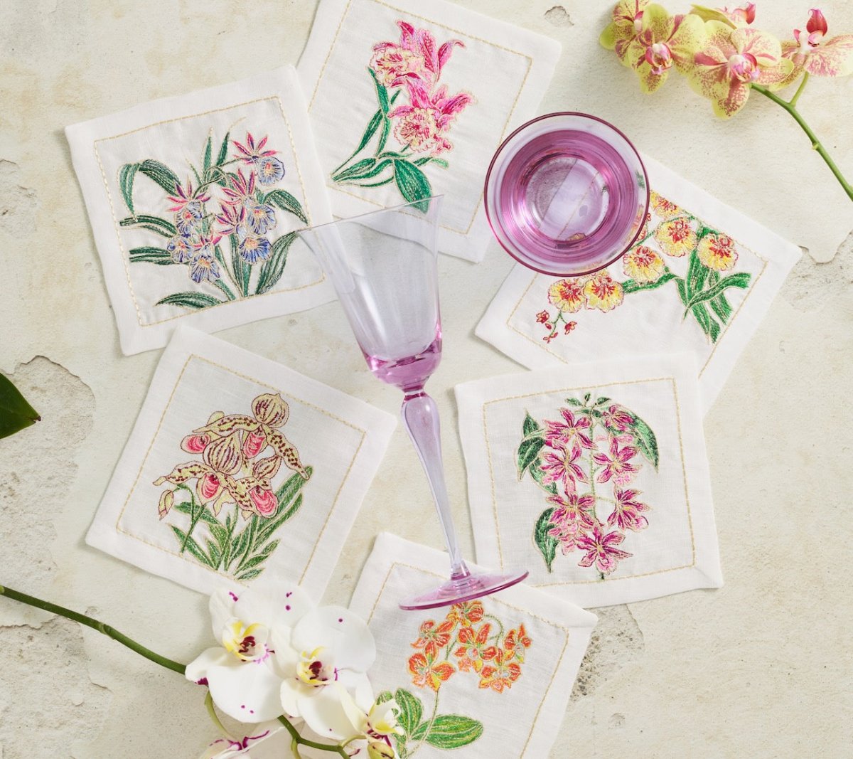 Orchid Cocktail Napkins in White & Multi, Set of 6 in a Gift Box by Kim Seybert