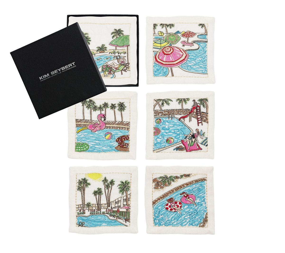 Pool Day Cocktail Napkins in White & Multi Set of 6 in Gift Box by Kim Seybert