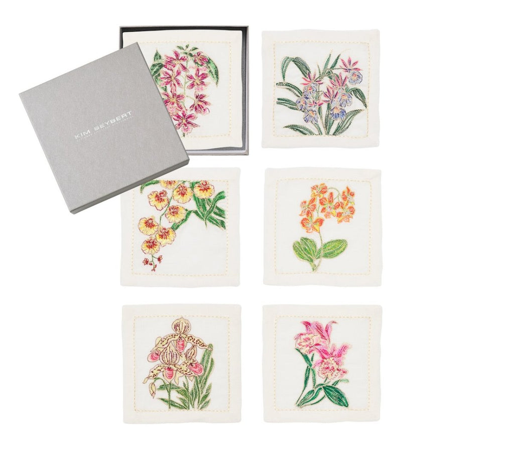 Orchid Cocktail Napkins in White & Multi, Set of 6 in a Gift Box by Kim Seybert