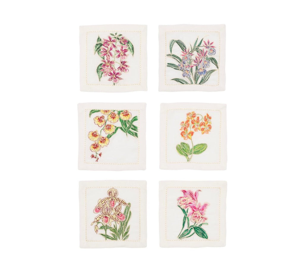 Orchid Cocktail Napkins in White & Multi, Set of 6 in a Gift Box by Kim Seybert