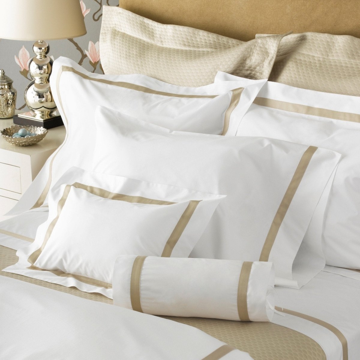 Lowell Champagne on White Bedding by Matouk