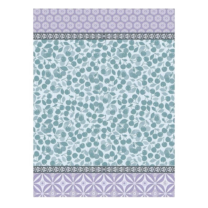 cerises blue tea towel by le jacquard français