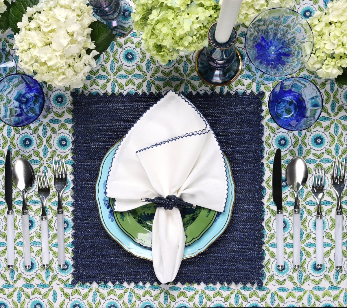 Majorelle Tablecloth in White, Blue & Green by Kim Seybert