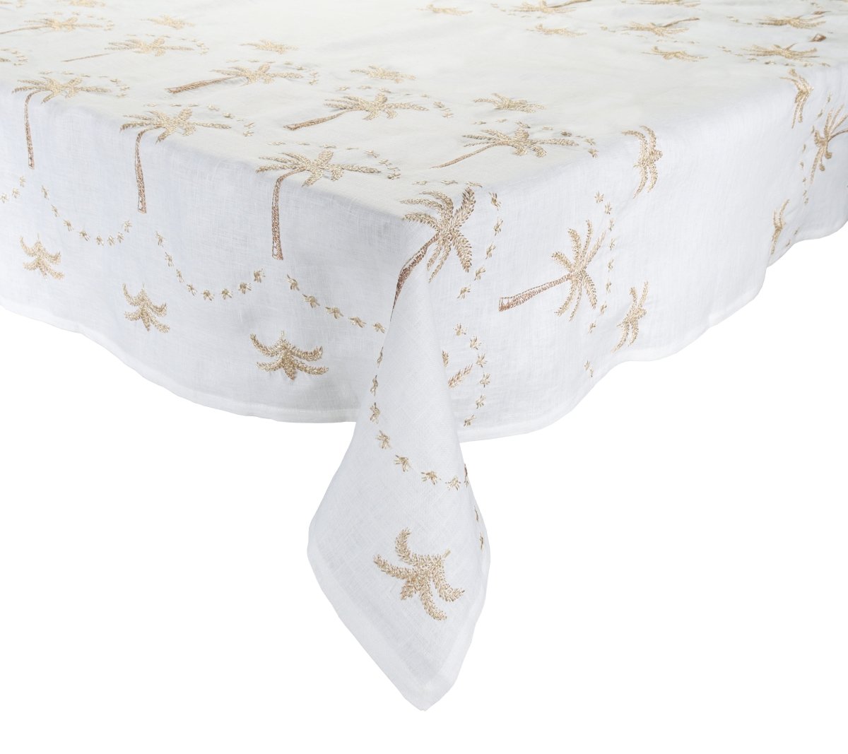 Embroidered Palm Tablecloth in White Natural & Gold by Kim Seybert