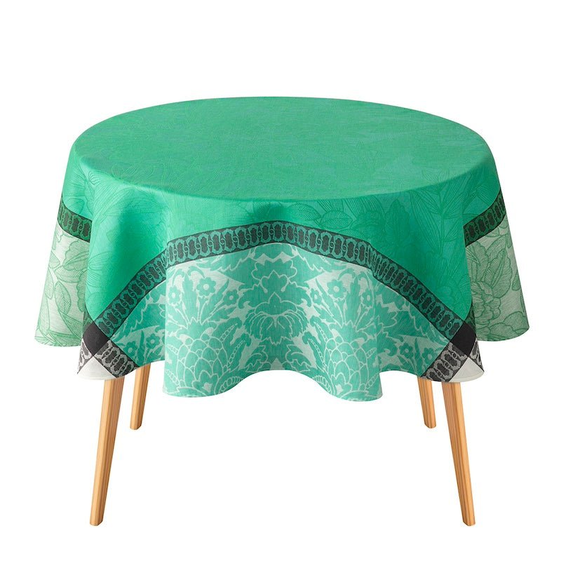 escapade tropicale green tablecloth by le jacquard français