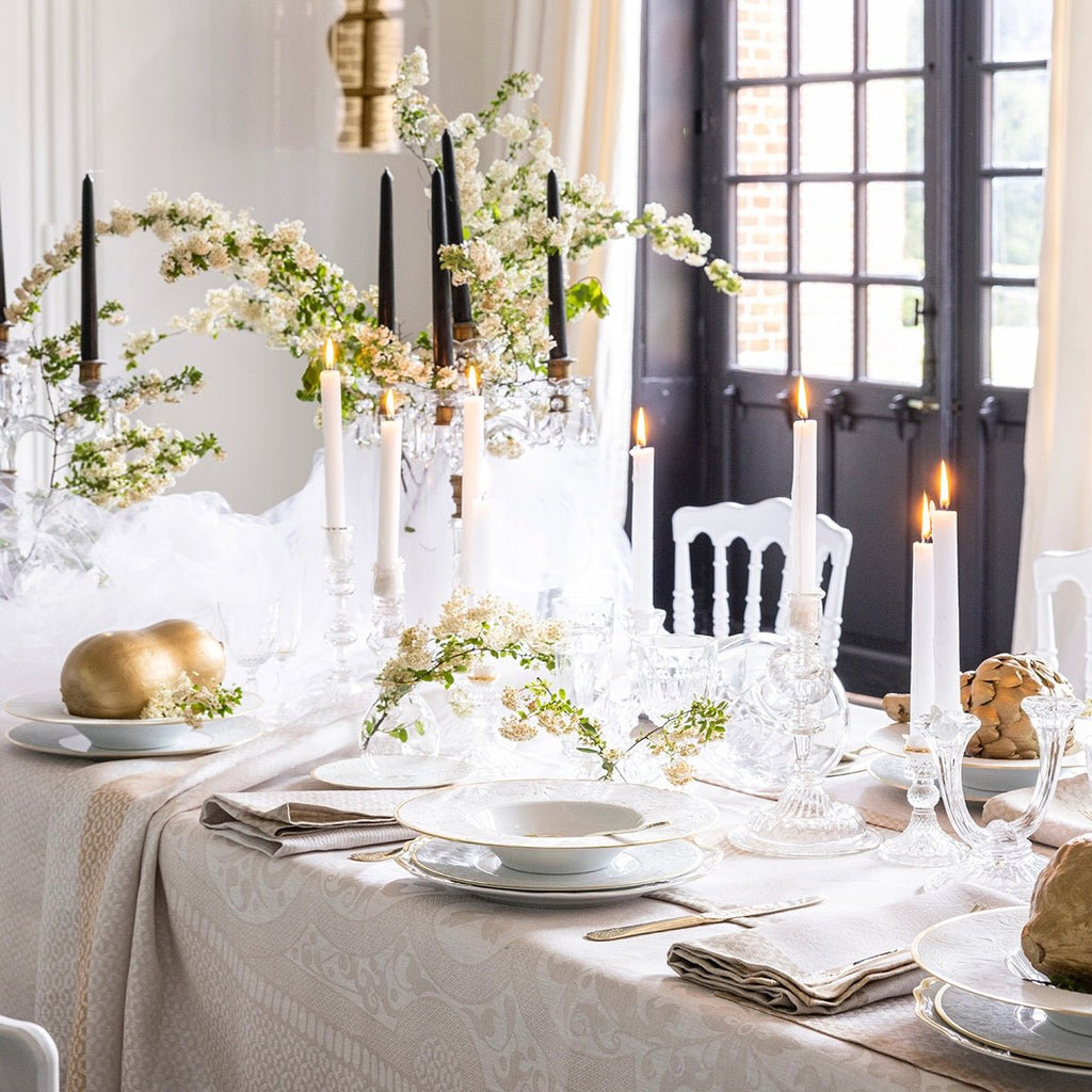 Evasion Celeste Beige 69" x 126" Tablecloth by Le Jacquard Français