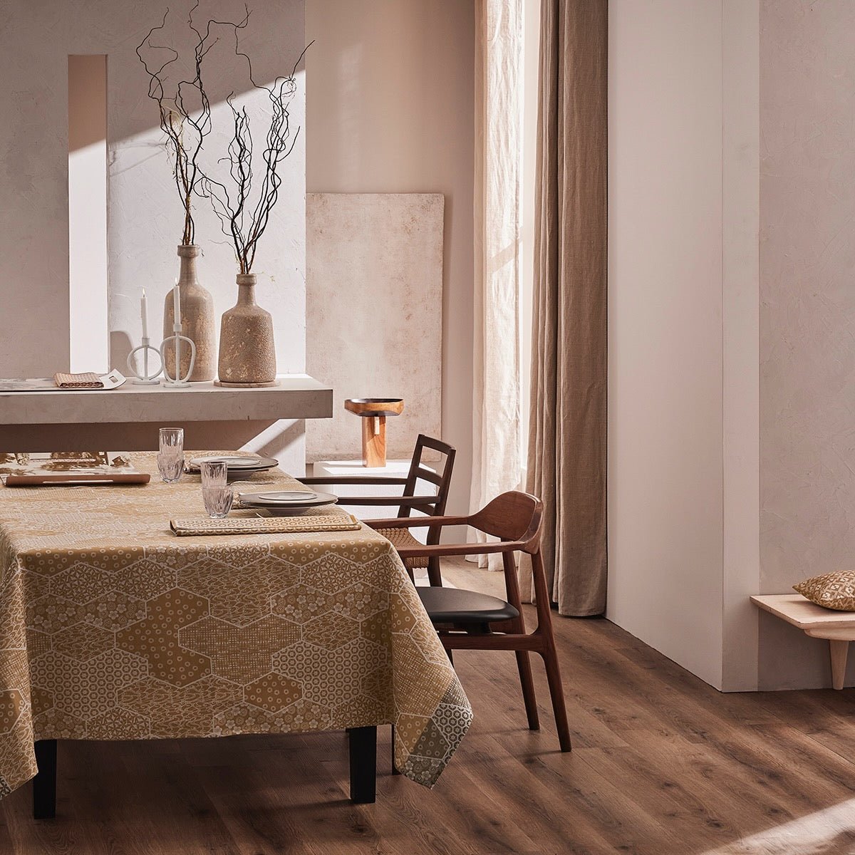 Wagara Beige 69" x 98" Coated Tablecloth by Le Jacquard Français