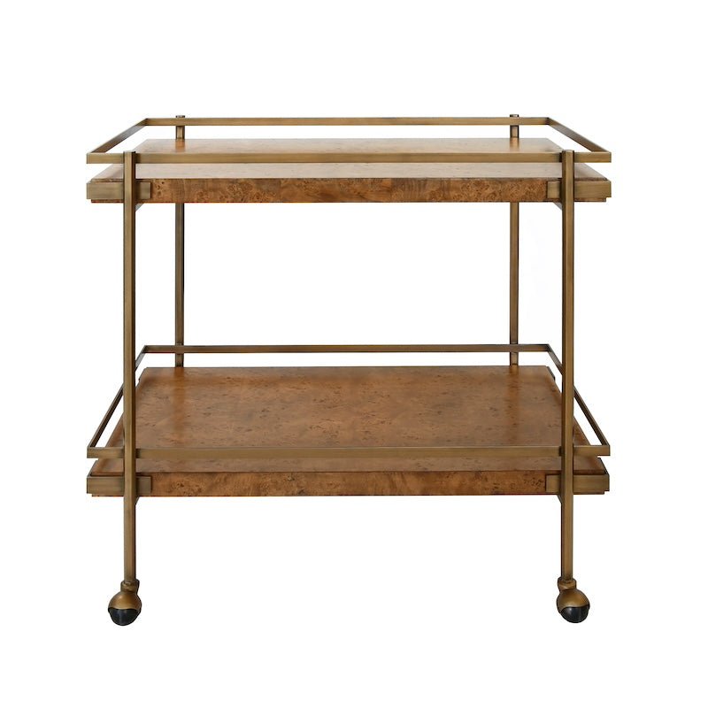 Cash Bar Cart in Dark Burl Wood by Worlds Away