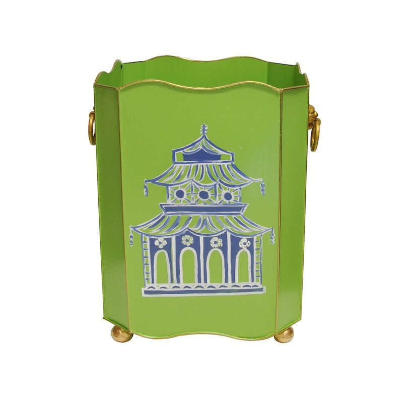 Green Pagoda Wastebasket with Gold Lion Handles