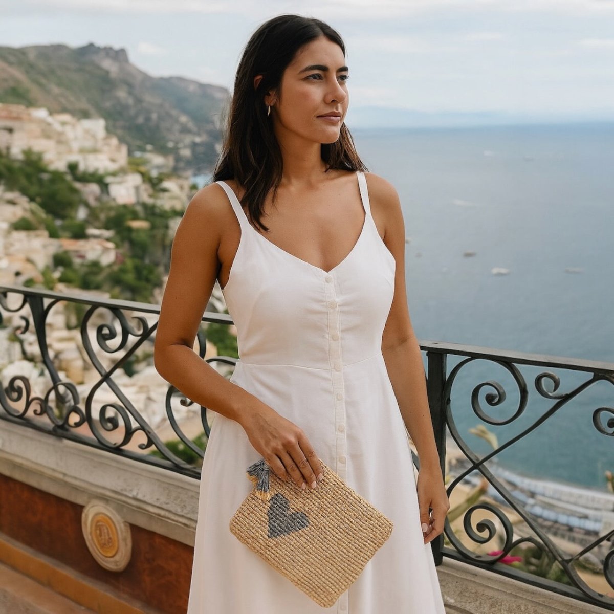 Large Heart Raffia Zip-Pouch in Denim Blue by AERIN