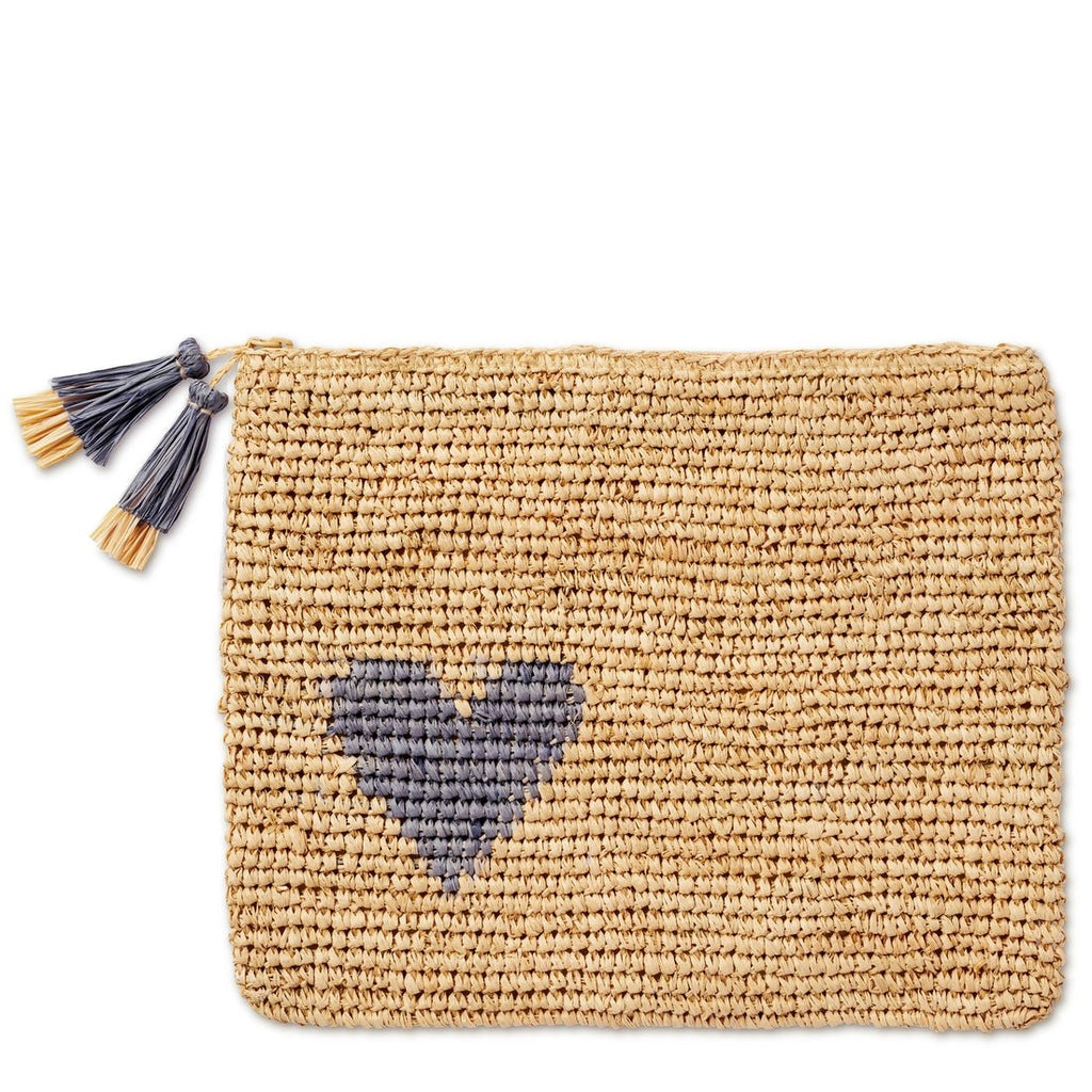 Large Heart Raffia Zip-Pouch in Denim Blue by AERIN