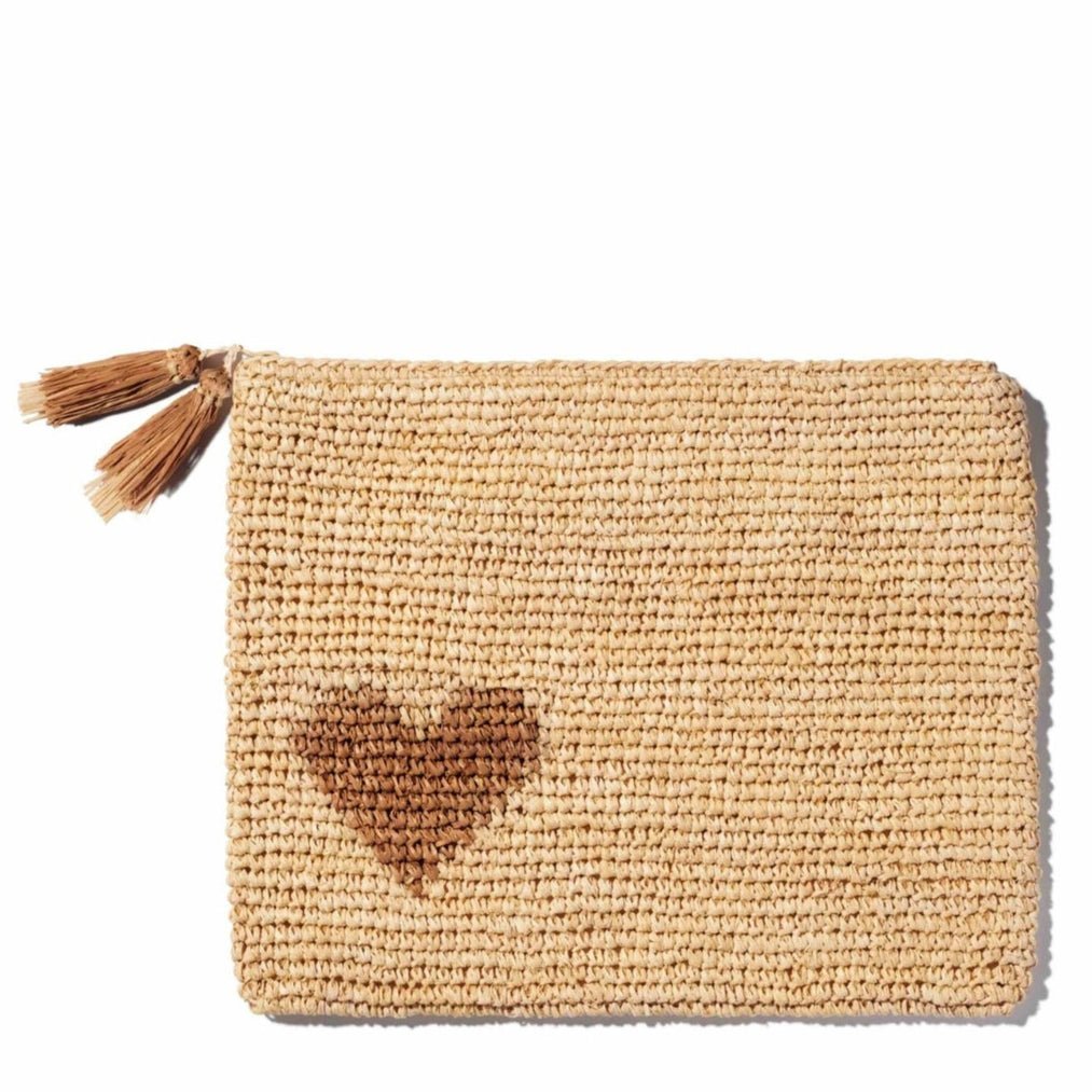 Large Heart Raffia Zip-Pouch in Natural by AERIN