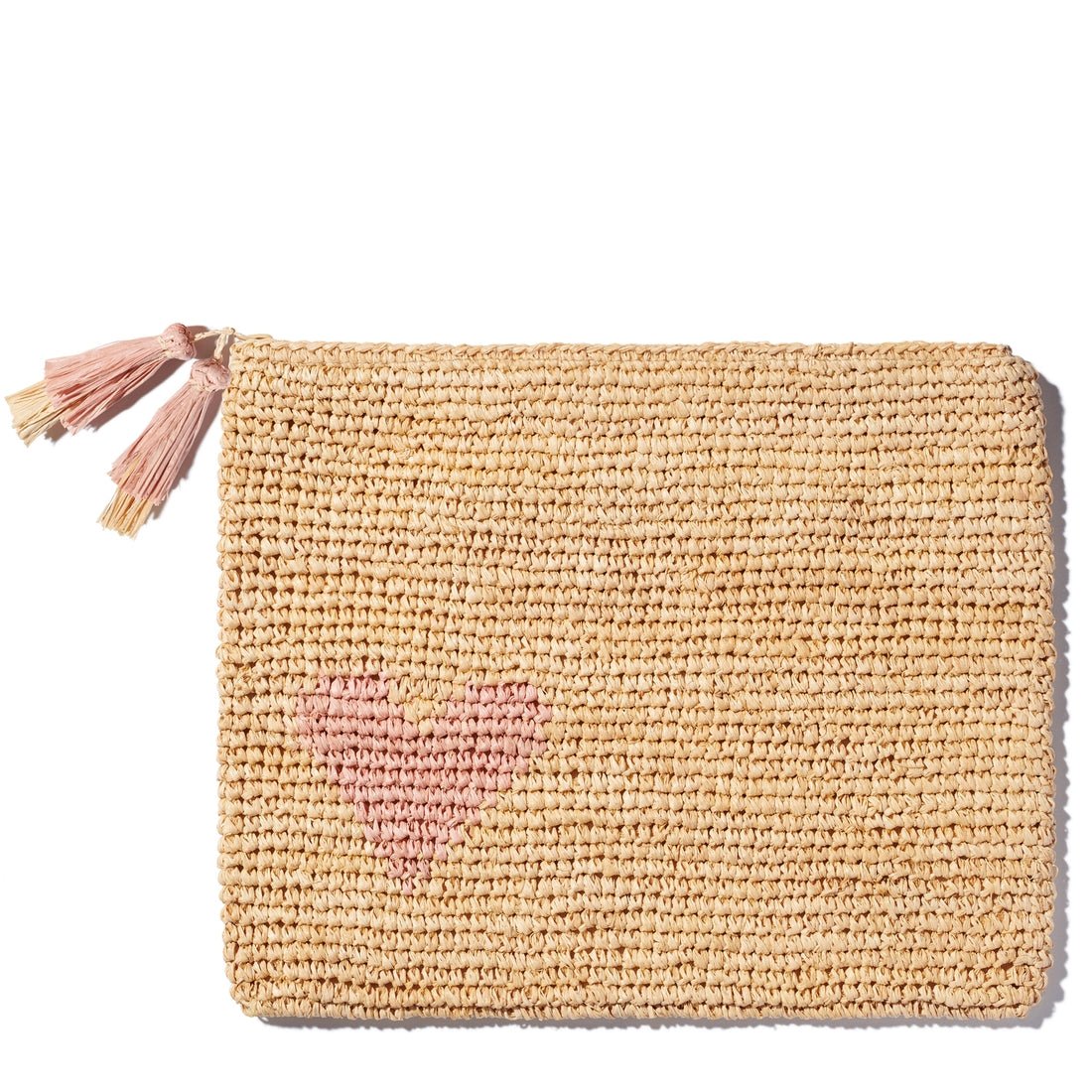 Large Heart Raffia Zip-Pouch in Pink by AERIN