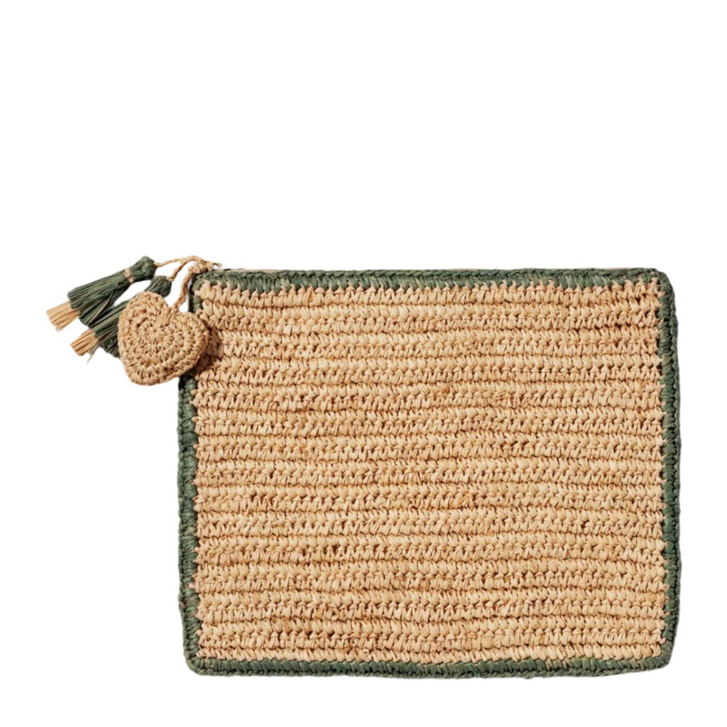 Large Raffia Pouch with Sage Green Border by AERIN