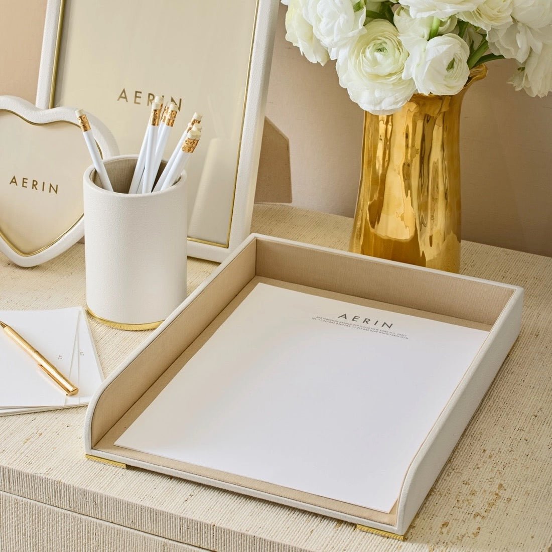 Piero Leather Paper Tray in Shadow White by AERIN