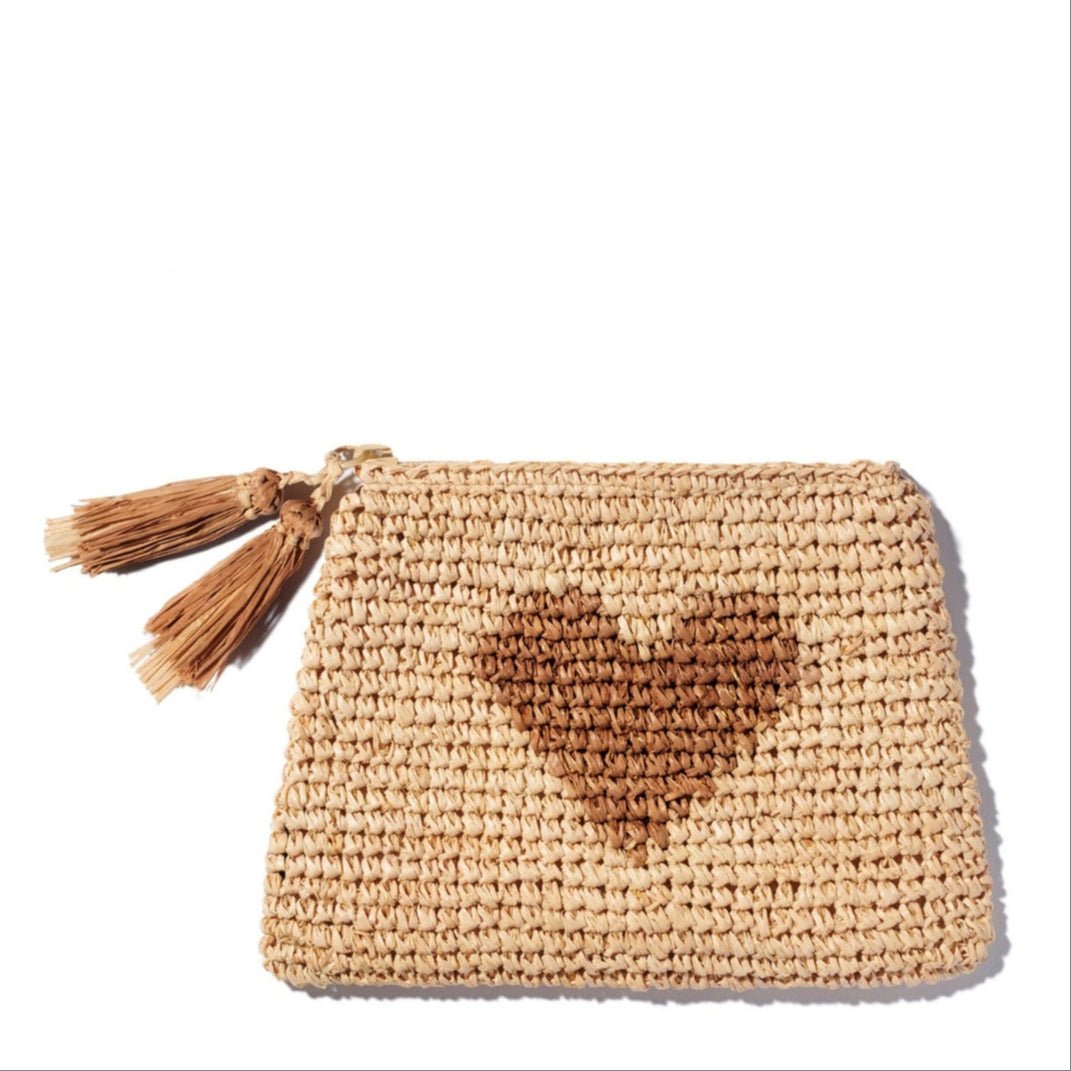 Small Heart Raffia Zip-Pouch in Natural by AERIN