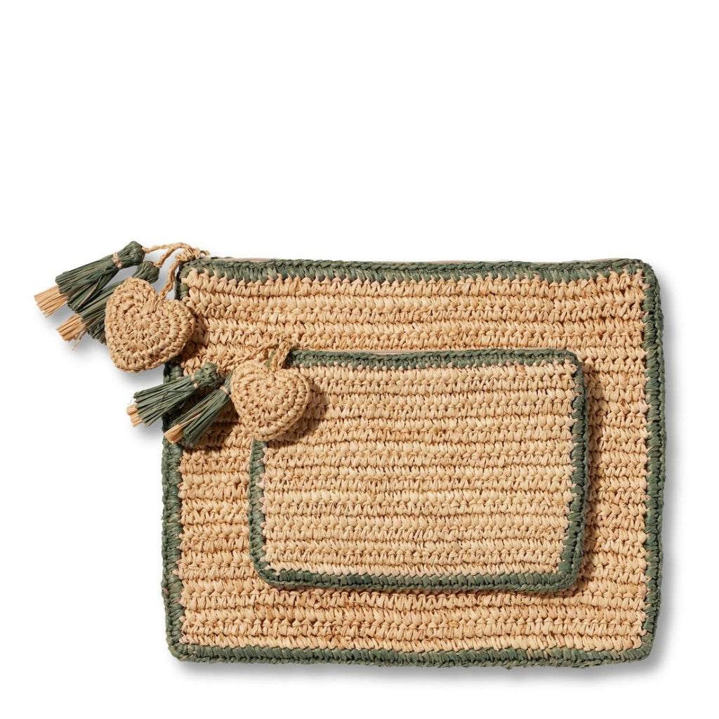 Small Raffia Pouch with Sage Green Border by AERIN