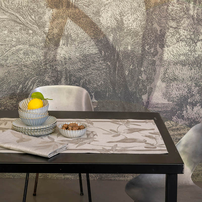 Voliere Beige Table Linens by Le Jacquard Francais