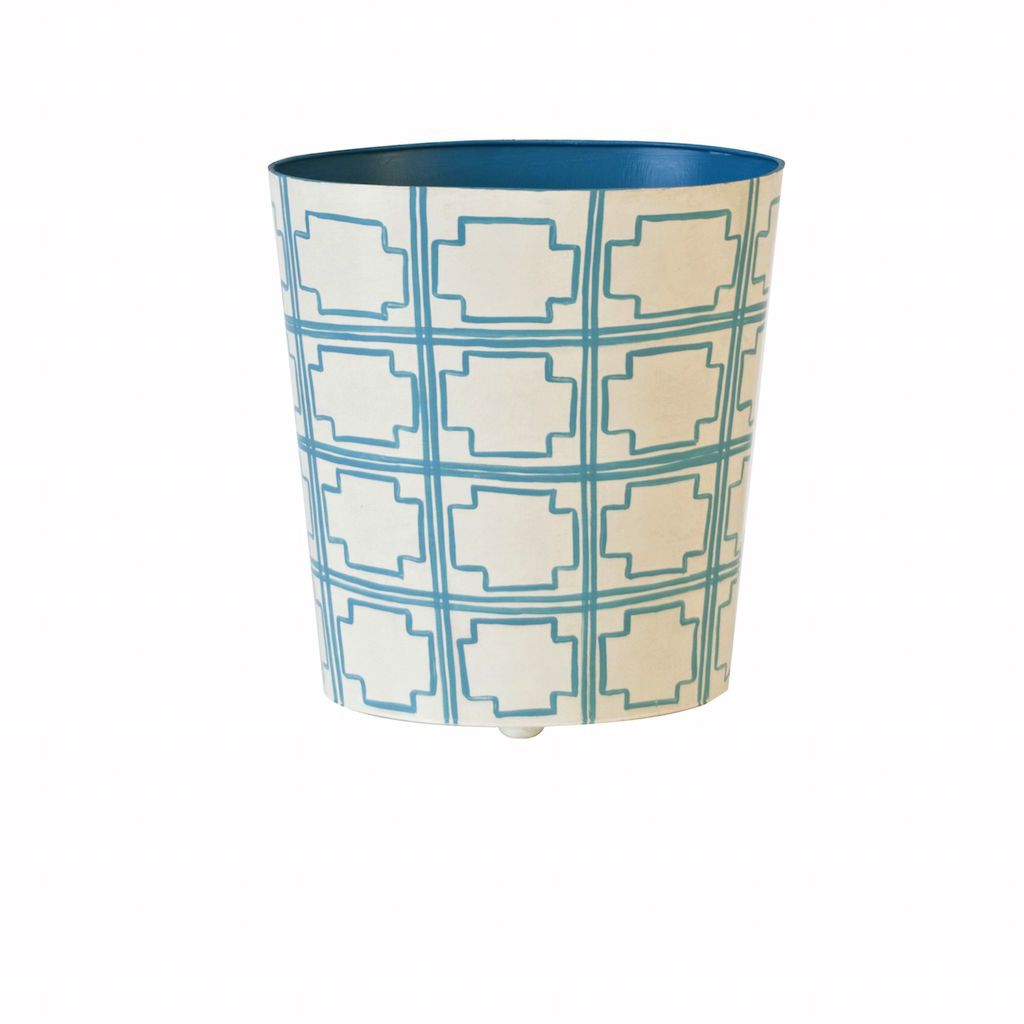 Cream Wastebasket with Turquoise Squares