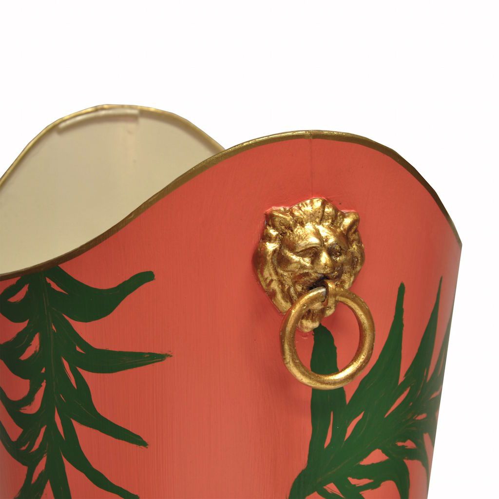 Oval Wastebasket with Palm Design & Lion Handles