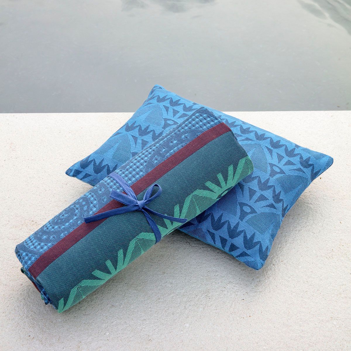 Holi Sapphire Outdoor Pillow by Le Jacquard Français