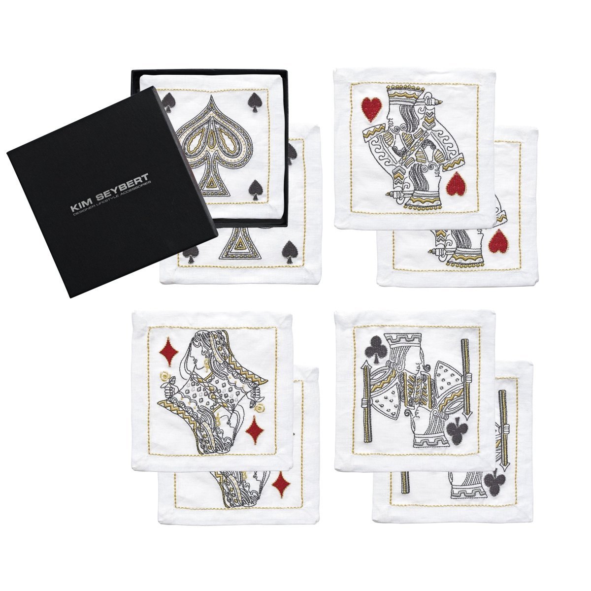 House Of Cards Cocktail Napkins in White Red & Black Set of 8 in a Gift Box by Kim Seybert