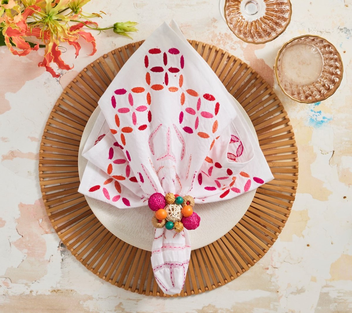 Malta Napkin in White, Pink & Orange by Kim Seybert