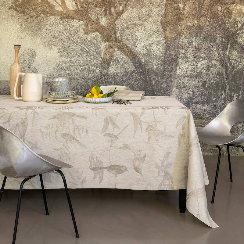 Voliere Beige Table Linens by Le Jacquard Francais