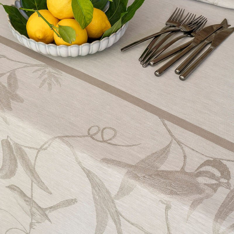 Voliere Beige Table Linens by Le Jacquard Francais