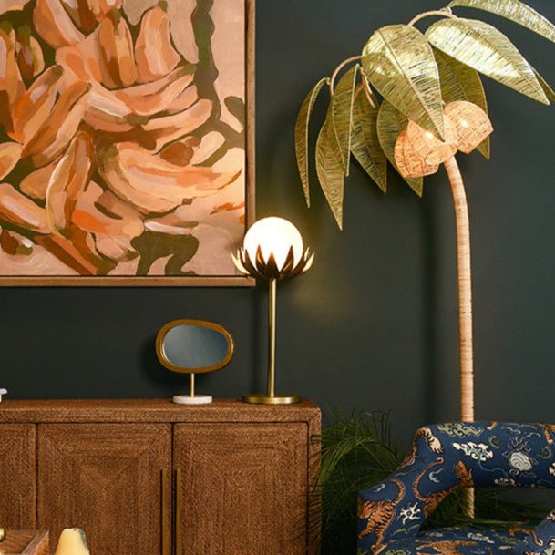 Worlds Away Moxie Brass with Globe Palm Leaf Table Lamp