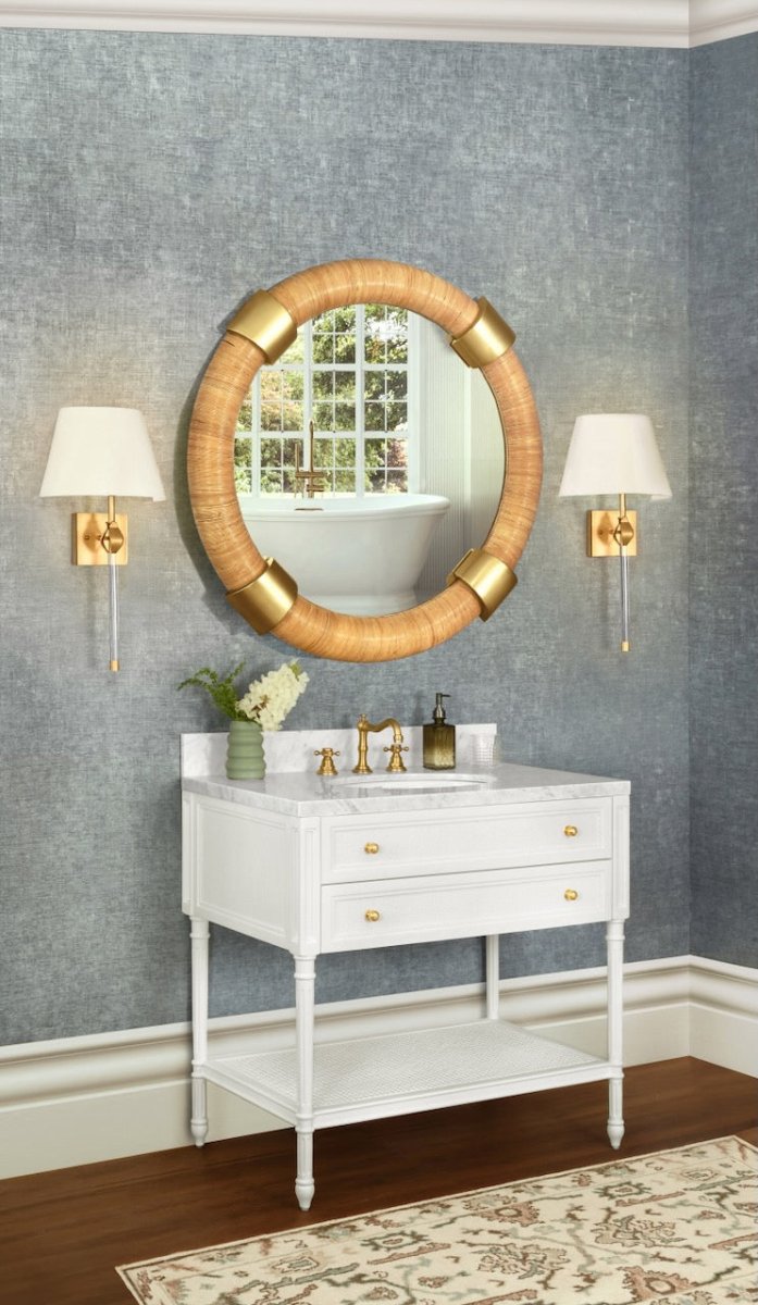 Worlds Away Saylor Round Rattan Wall Mirror With Brass Detail